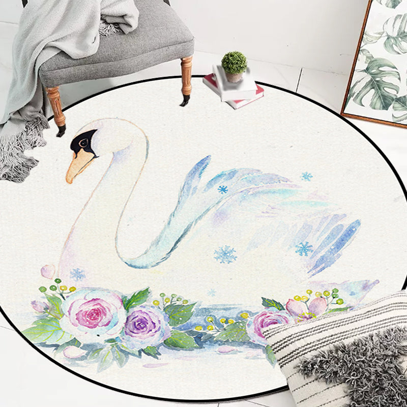 Stornfield | Cute Kids' Rug in White Polyester with Owl, Rabbit, Sloth Animal Pattern, Non-Slip Washable Rug for Children's Bedroom