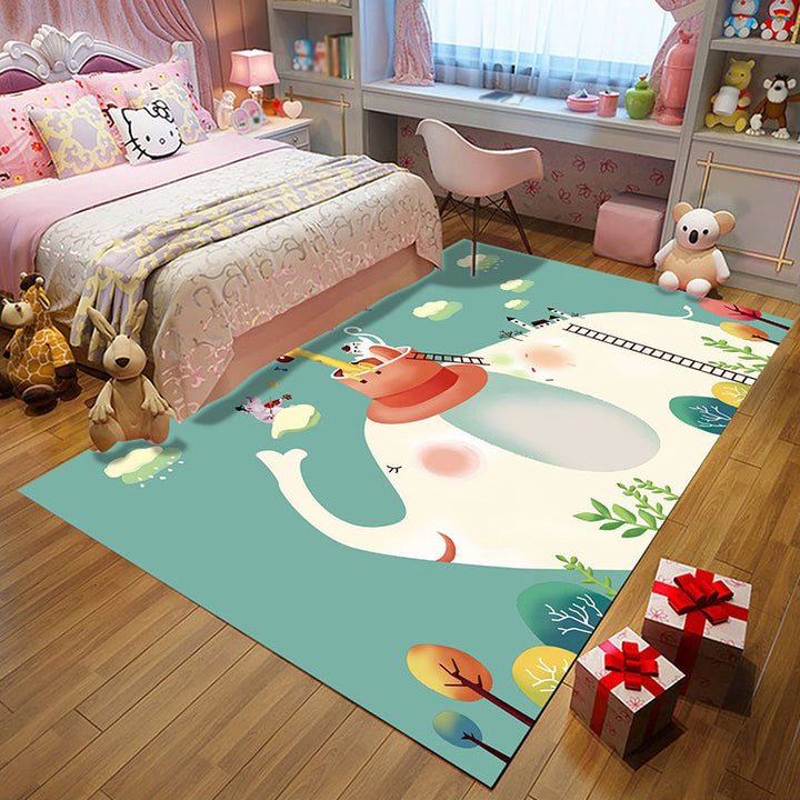 Stornfield | Polyester Cloud Tree Animal Elephant Print Green Children's Bedroom Rug, Machine Washable Mat