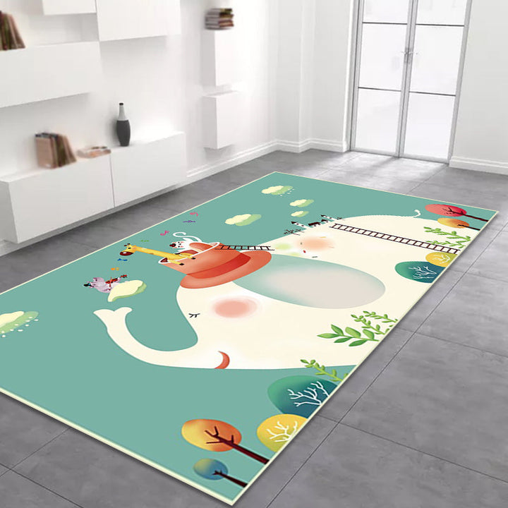 Stornfield | Polyester Cloud Tree Animal Elephant Print Green Children's Bedroom Rug, Machine Washable Mat