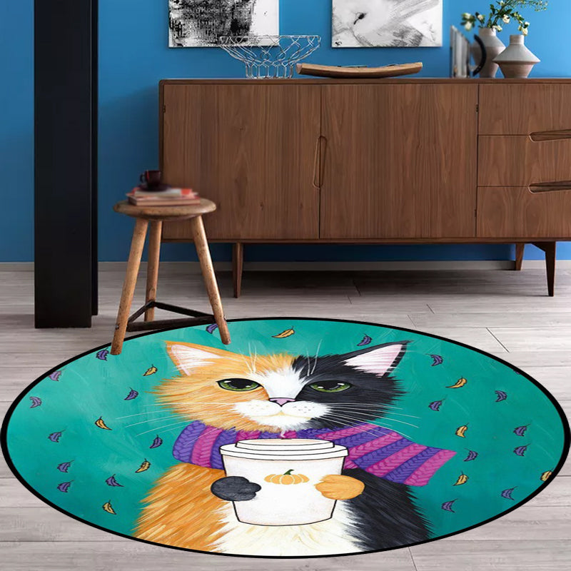 Stornfield | Blue and Green Children's Bedroom Rug Animal Rug for Kids Leaf Pattern Cat Rug Washable Polyester Rug