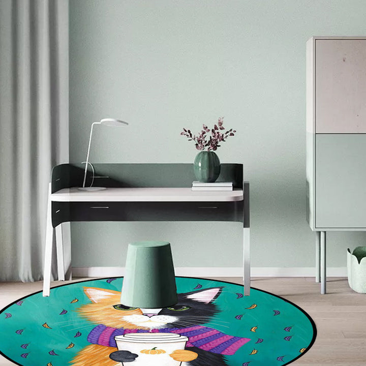 Stornfield | Blue and Green Children's Bedroom Rug Animal Rug for Kids Leaf Pattern Cat Rug Washable Polyester Rug