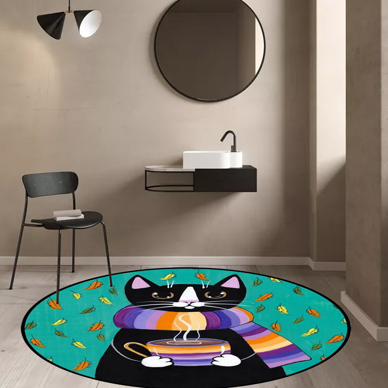 Stornfield | Blue and Green Children's Bedroom Rug Animal Rug for Kids Leaf Pattern Cat Rug Washable Polyester Rug