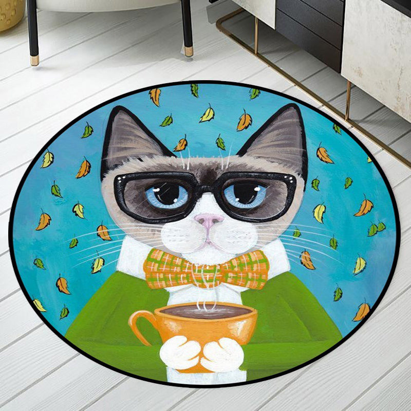 Stornfield | Blue and Green Children's Bedroom Rug Animal Rug for Kids Leaf Pattern Cat Rug Washable Polyester Rug