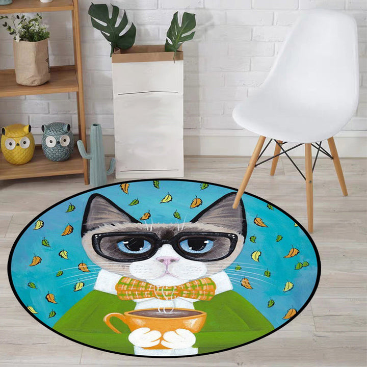 Stornfield | Blue and Green Children's Bedroom Rug Animal Rug for Kids Leaf Pattern Cat Rug Washable Polyester Rug