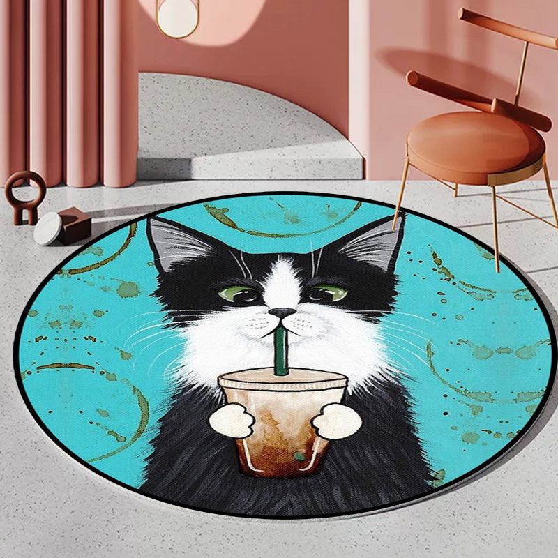 Stornfield | Blue and Green Children's Bedroom Rug Animal Rug for Kids Leaf Pattern Cat Rug Washable Polyester Rug