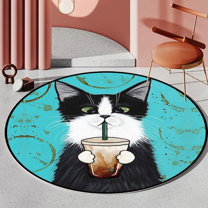 Stornfield | Blue and Green Children's Bedroom Rug Animal Rug for Kids Leaf Pattern Cat Rug Washable Polyester Rug