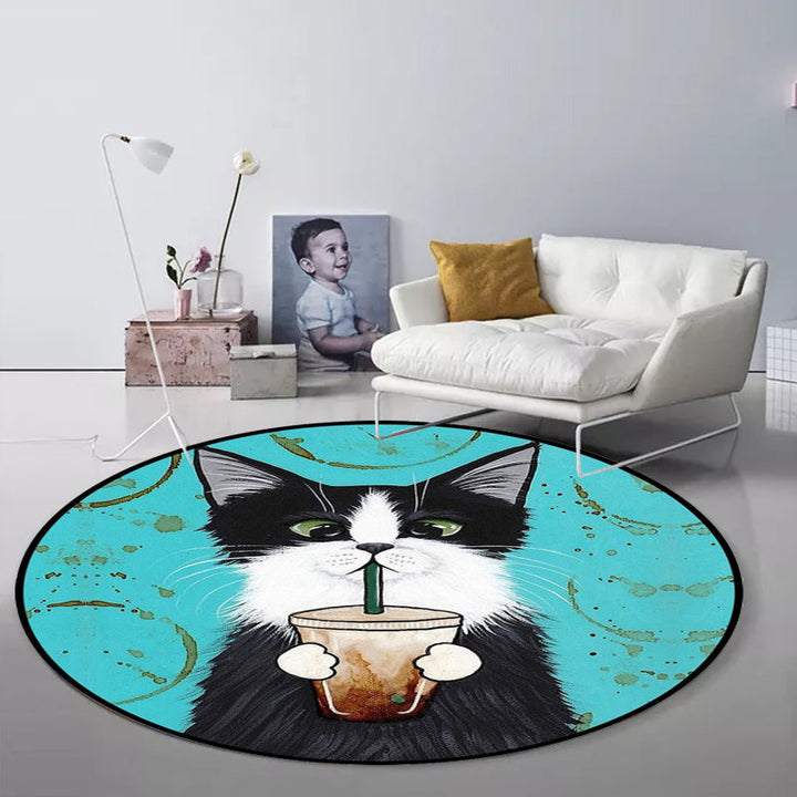 Stornfield | Blue and Green Children's Bedroom Rug Animal Rug for Kids Leaf Pattern Cat Rug Washable Polyester Rug