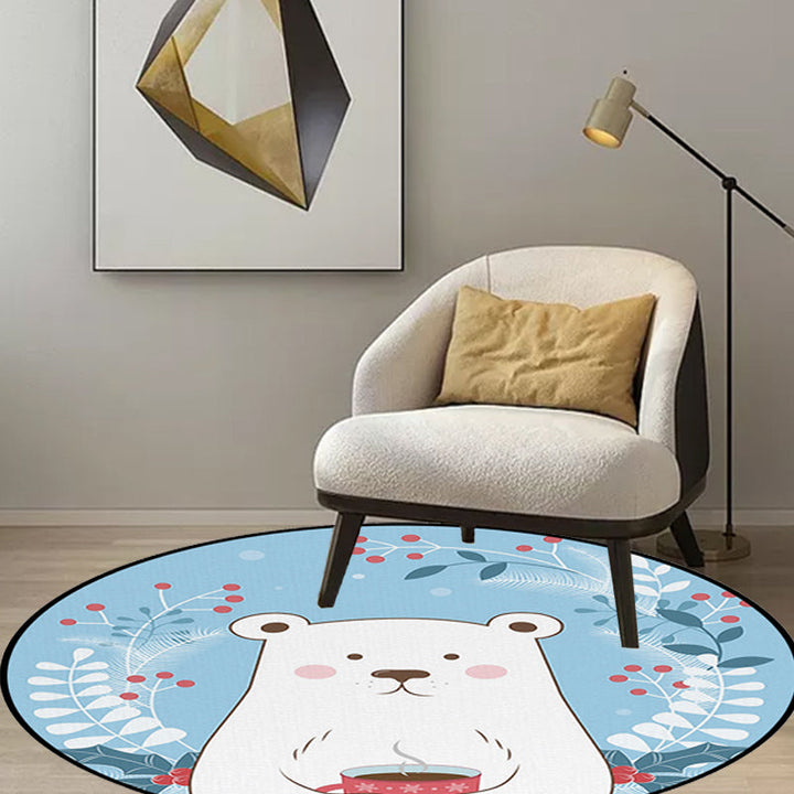 Stornfield | Blue Animal Print Bear Leaf Drink Polyester Kids' Bedroom Rug Non-Slip Backing