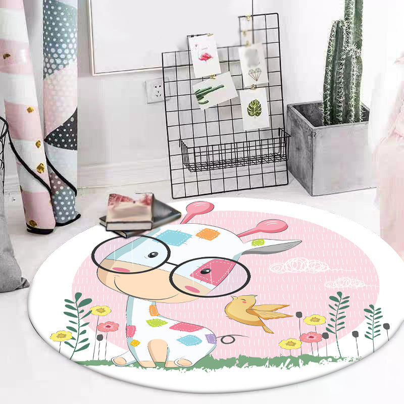 Stornfield | Blue and Pink Children's Animal Pattern Horse Rabbit Polyester Non-Slip Rug