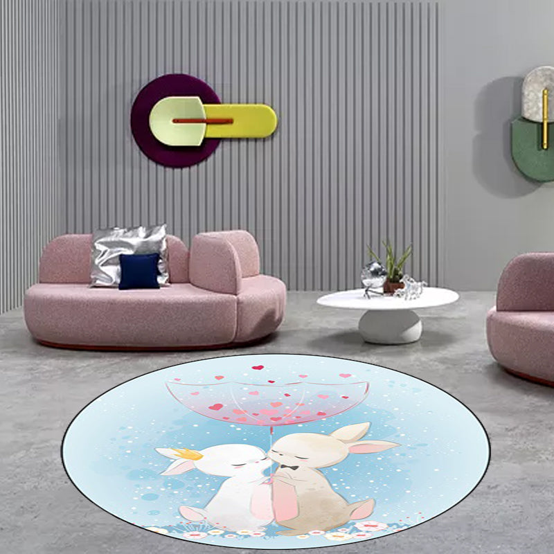 Stornfield | Blue and Pink Children's Animal Pattern Horse Rabbit Polyester Non-Slip Rug