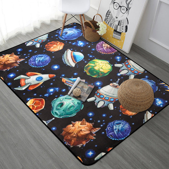 Stornfield | Kids' Rug for Nursery in Blue and Black with Spaceship Planet Print Made of Polyester, Machine Washable Mat