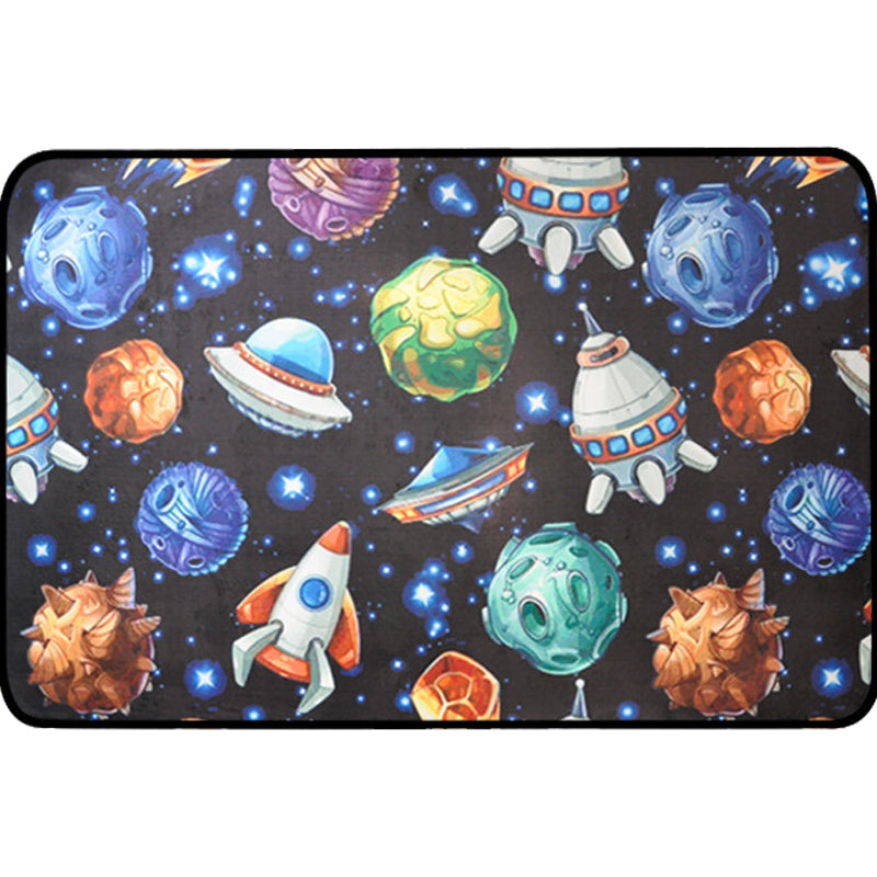 Stornfield | Kids' Rug for Nursery in Blue and Black with Spaceship Planet Print Made of Polyester, Machine Washable Mat