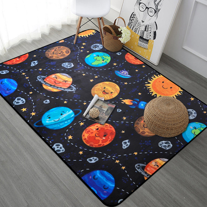 Stornfield | Kids' Rug for Nursery in Blue and Black with Spaceship Planet Print Made of Polyester, Machine Washable Mat
