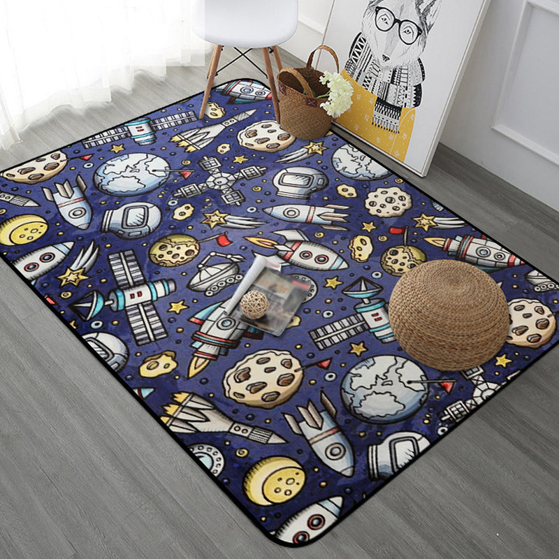 Stornfield | Kids' Rug for Nursery in Blue and Black with Spaceship Planet Print Made of Polyester, Machine Washable Mat