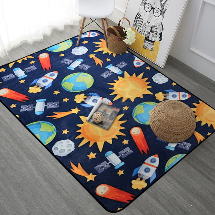 Stornfield | Kids' Rug for Nursery in Blue and Black with Spaceship Planet Print Made of Polyester, Machine Washable Mat
