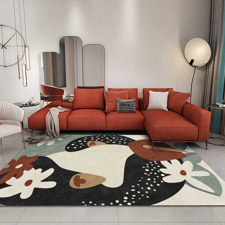 Stornfield | Stylish Black and Ivory Kids' Rug with Flowers, Leaves, and Polka Dot Pattern, Stain-Resistant Polyester Rug for Children's Room