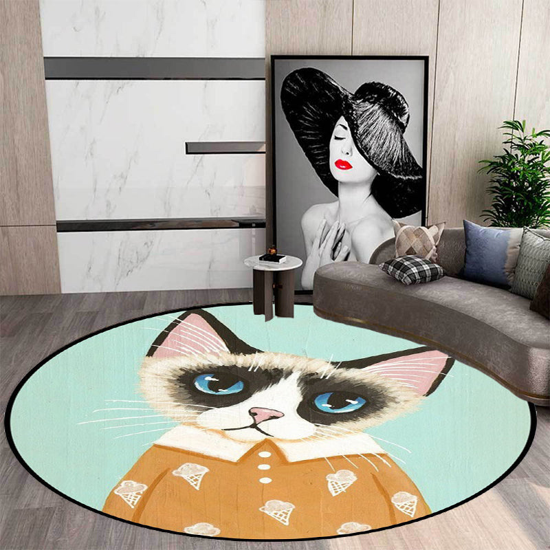 Stornfield | Pink and Blue Polyester Casual Kids Rug with Cat Animal Pattern, Stain Resistant and Non-Slip for Kids Room