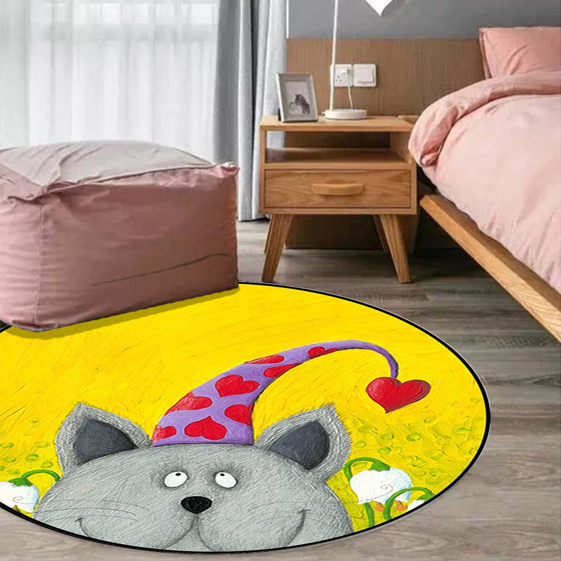 Stornfield | Kids' Rug with Animal Patterns in Green and Yellow, Cat, Heart, Star, Polyester Rug, Stain Resistant, Area Rug