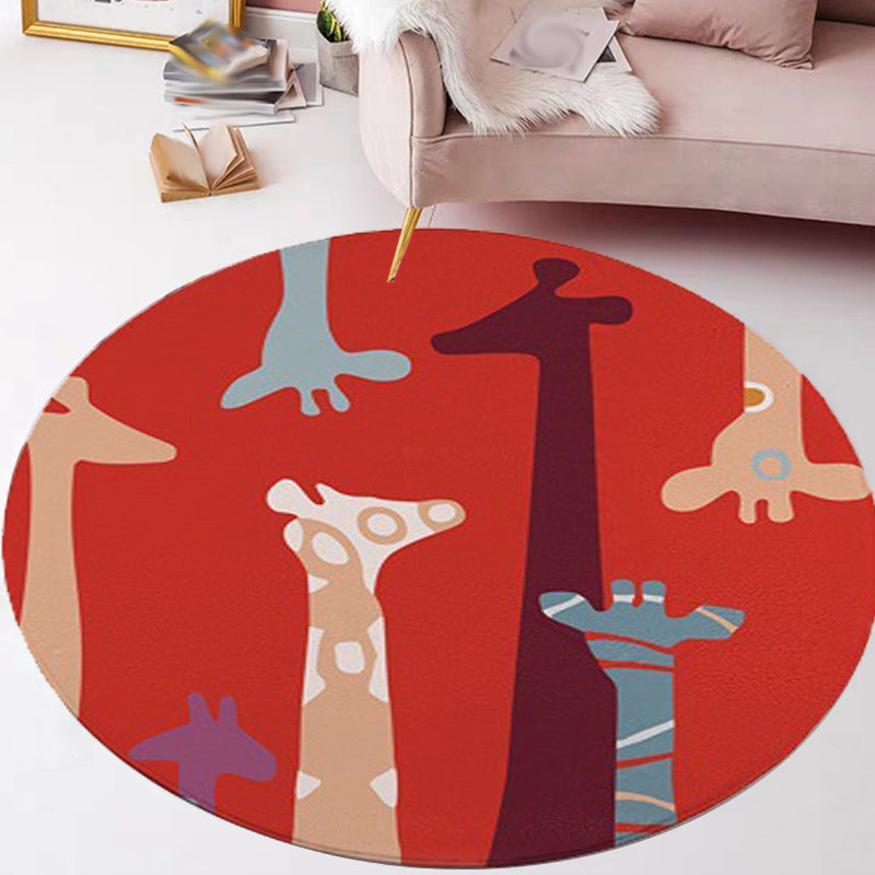 Stornfield | Red and Yellow Kids' Room Rug Area Rug with Animal Pattern for Children Cat Bear Giraffe Washable and Pet-Friendly Polyester