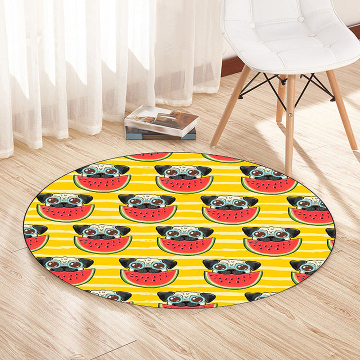 Stornfield | Yellow and Pink Kids' Room Rug Dog Watermelon Leaf Animal Pattern Washable Polyester Rug