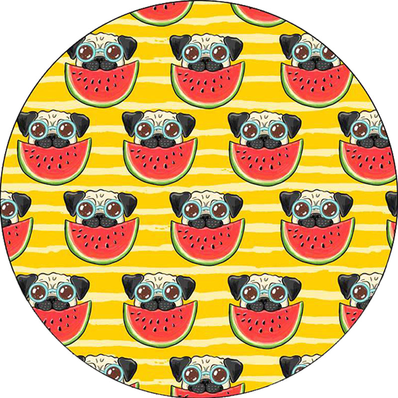 Stornfield | Yellow and Pink Kids' Room Rug Dog Watermelon Leaf Animal Pattern Washable Polyester Rug