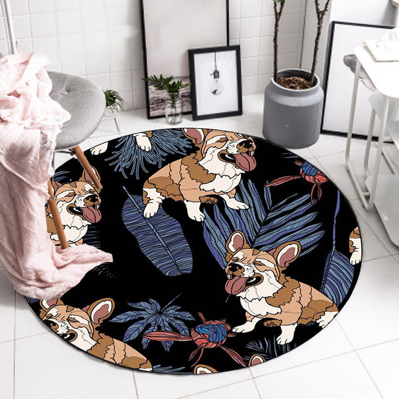 Stornfield | Yellow and Pink Kids' Room Rug Dog Watermelon Leaf Animal Pattern Washable Polyester Rug