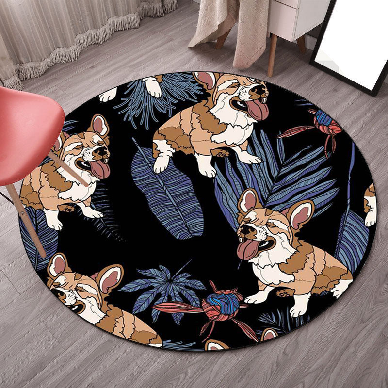 Stornfield | Yellow and Pink Kids' Room Rug Dog Watermelon Leaf Animal Pattern Washable Polyester Rug