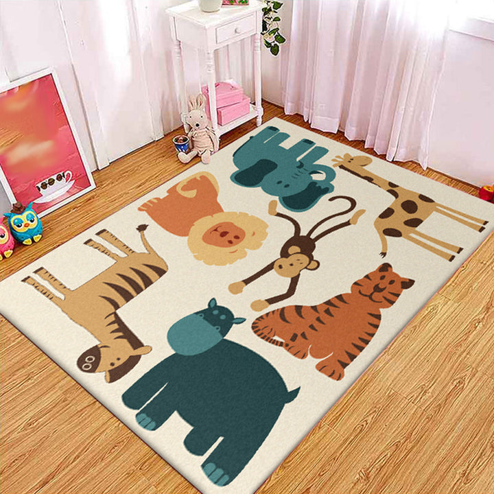Stornfield | Kids Bedroom Rug Yellow Animal Print Elephant Tiger Lion Polyester Carpet Pet-Friendly Fabric