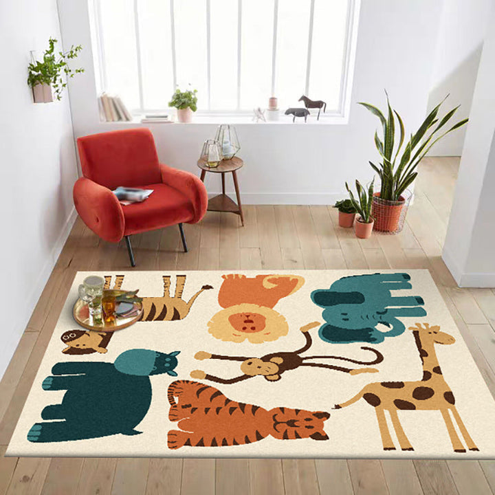 Stornfield | Kids Bedroom Rug Yellow Animal Print Elephant Tiger Lion Polyester Carpet Pet-Friendly Fabric