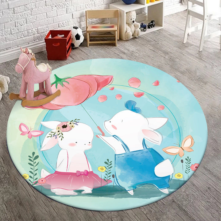 Stornfield | Kids' Bedroom Rug in Blue with Elephant, Rabbit, and Hedgehog Animal Print - Cozy Polyester Pet Mat
