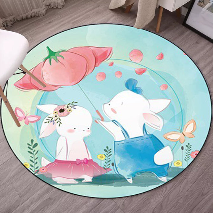 Stornfield | Kids' Bedroom Rug in Blue with Elephant, Rabbit, and Hedgehog Animal Print - Cozy Polyester Pet Mat