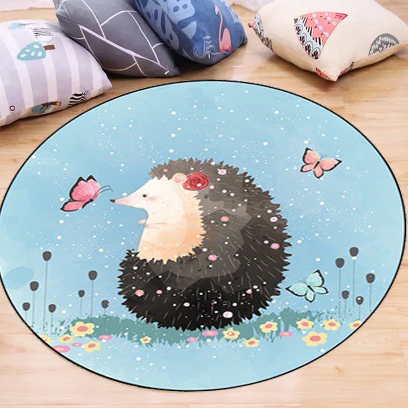 Stornfield | Kids' Bedroom Rug in Blue with Elephant, Rabbit, and Hedgehog Animal Print - Cozy Polyester Pet Mat