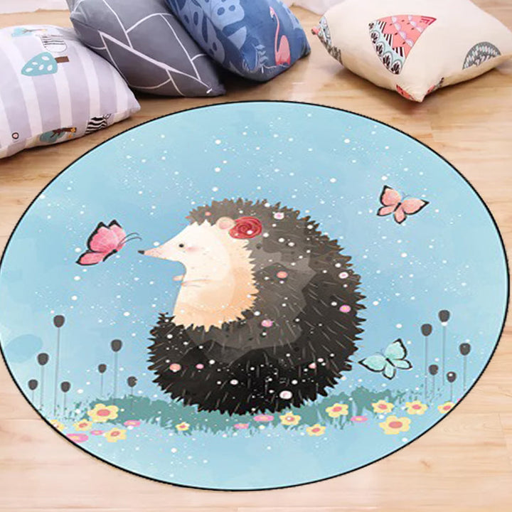 Stornfield | Kids' Bedroom Rug in Blue with Elephant, Rabbit, and Hedgehog Animal Print - Cozy Polyester Pet Mat
