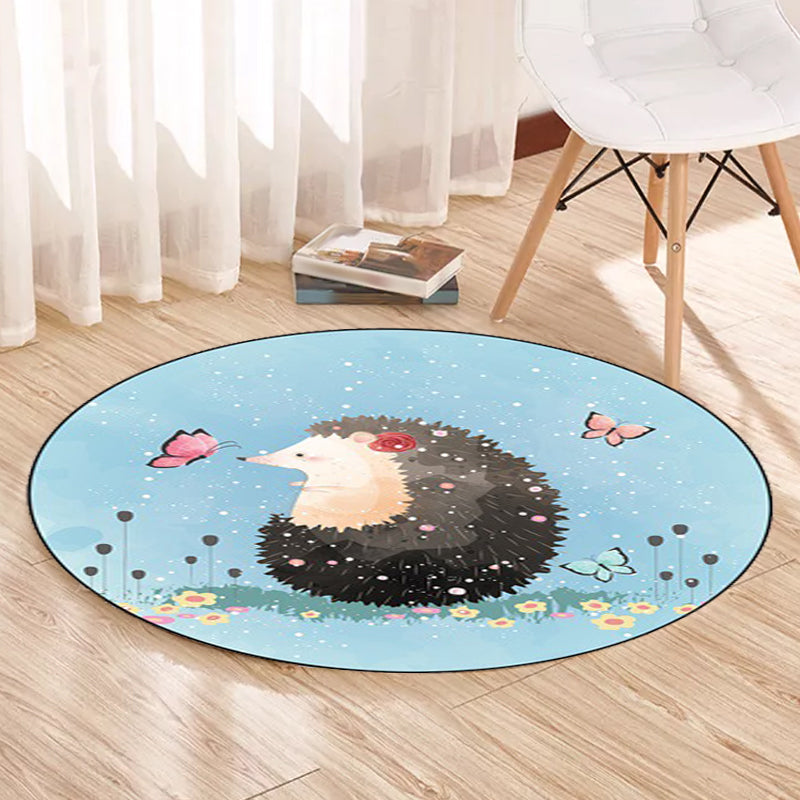 Stornfield | Kids' Bedroom Rug in Blue with Elephant, Rabbit, and Hedgehog Animal Print - Cozy Polyester Pet Mat