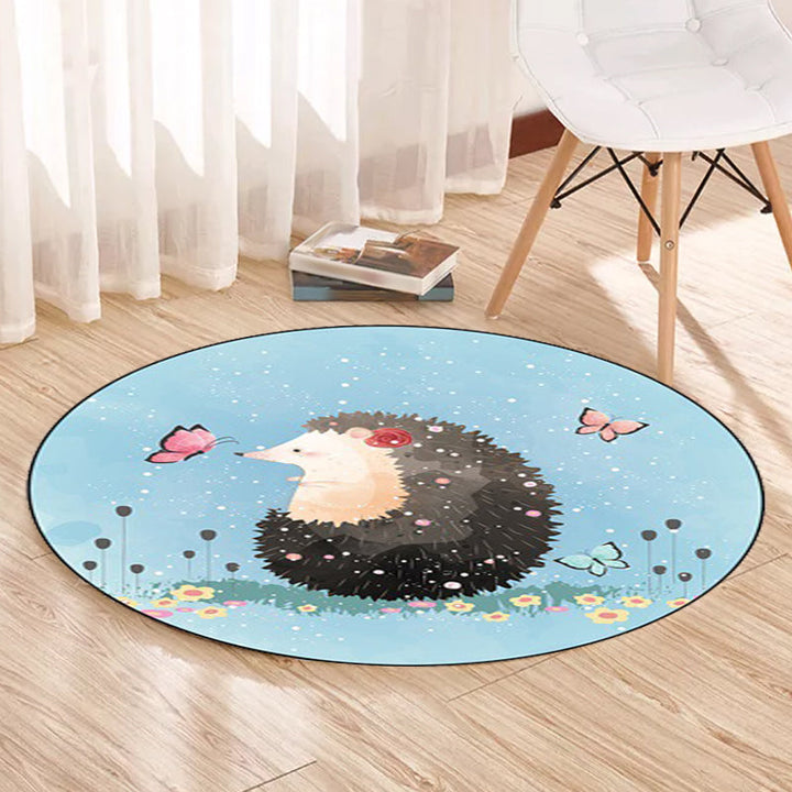Stornfield | Kids' Bedroom Rug in Blue with Elephant, Rabbit, and Hedgehog Animal Print - Cozy Polyester Pet Mat