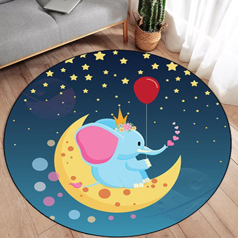 Stornfield | Kids' Bedroom Rug in Blue with Elephant, Rabbit, and Hedgehog Animal Print - Cozy Polyester Pet Mat