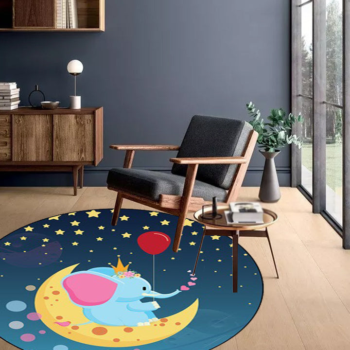 Stornfield | Kids' Bedroom Rug in Blue with Elephant, Rabbit, and Hedgehog Animal Print - Cozy Polyester Pet Mat