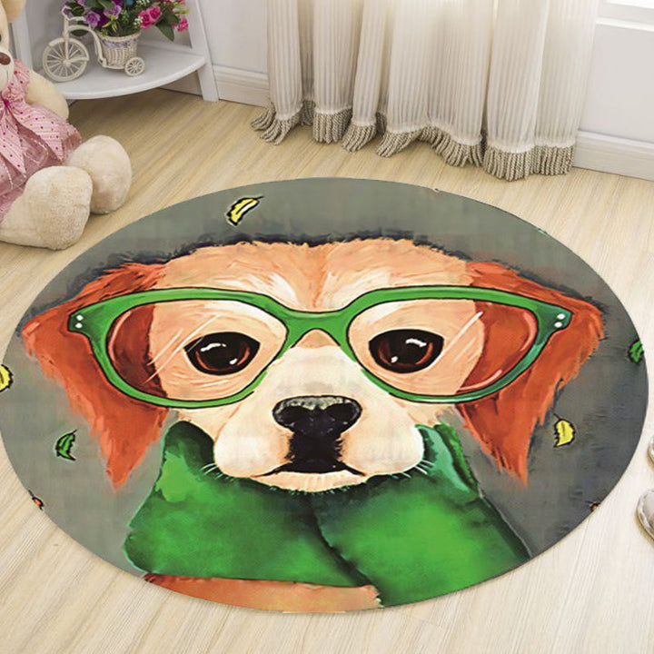 Stornfield | Grey and Green Children's Bedroom Rug Animal Dog Glasses Pattern Non-Slip Machine Washable Polyester Mat