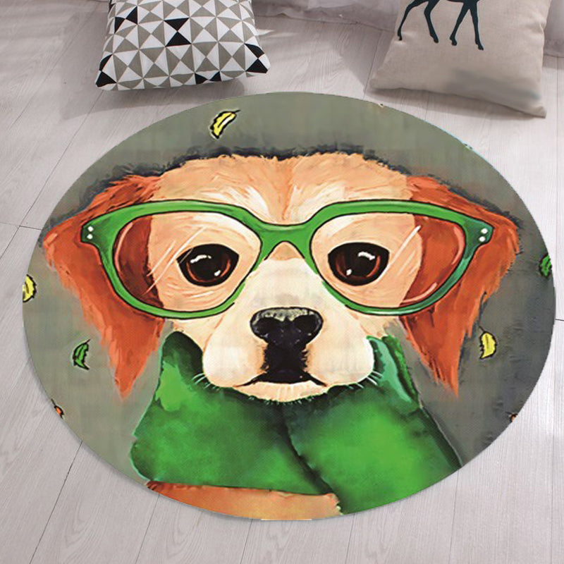 Stornfield | Grey and Green Children's Bedroom Rug Animal Dog Glasses Pattern Non-Slip Machine Washable Polyester Mat