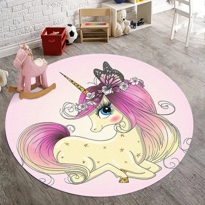 Stornfield | Pink Polyester Children's Bedroom Rug with Floral Butterfly Unicorn Animal Print, Non-Slip Mat