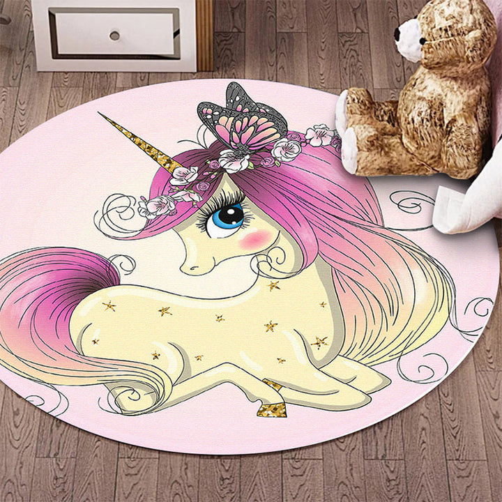 Stornfield | Pink Polyester Children's Bedroom Rug with Floral Butterfly Unicorn Animal Print, Non-Slip Mat
