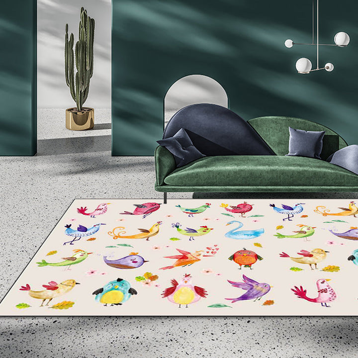 Stornfield | Ivory Children's Room Rug Panda Bird Pattern Kids Rug Machine Washable Non-Slip Polyester Rug