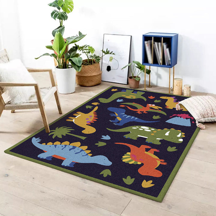 Stornfield | Beautiful blue grass dinosaur pattern children's rug in polyester, stain-resistant rug for children's room