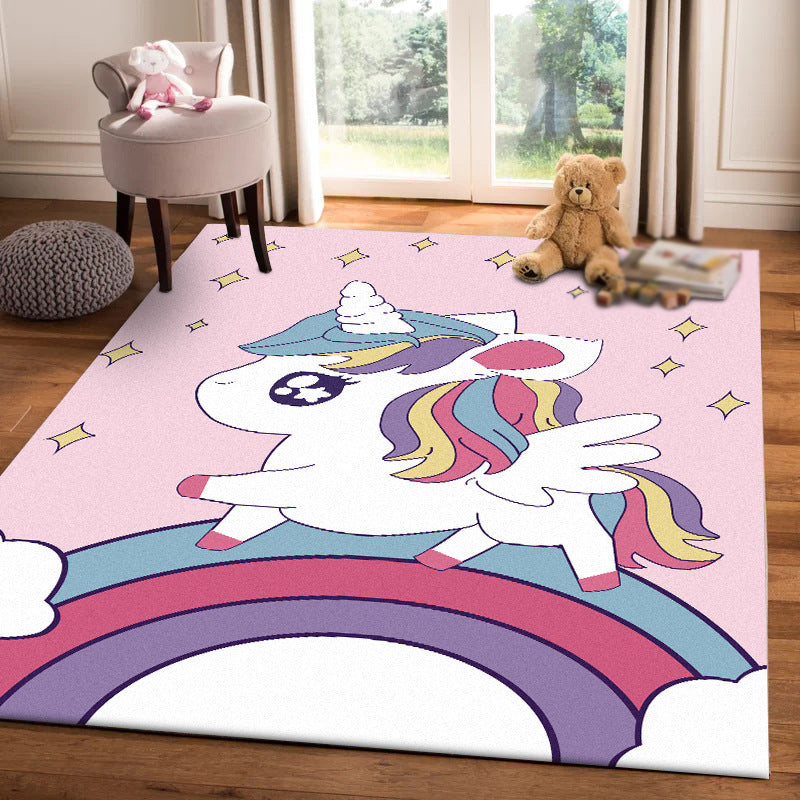 Stornfield | Pink Children's Room Rug Unicorn Animal Rainbow Pattern Polyester Non-Slip Back Rug