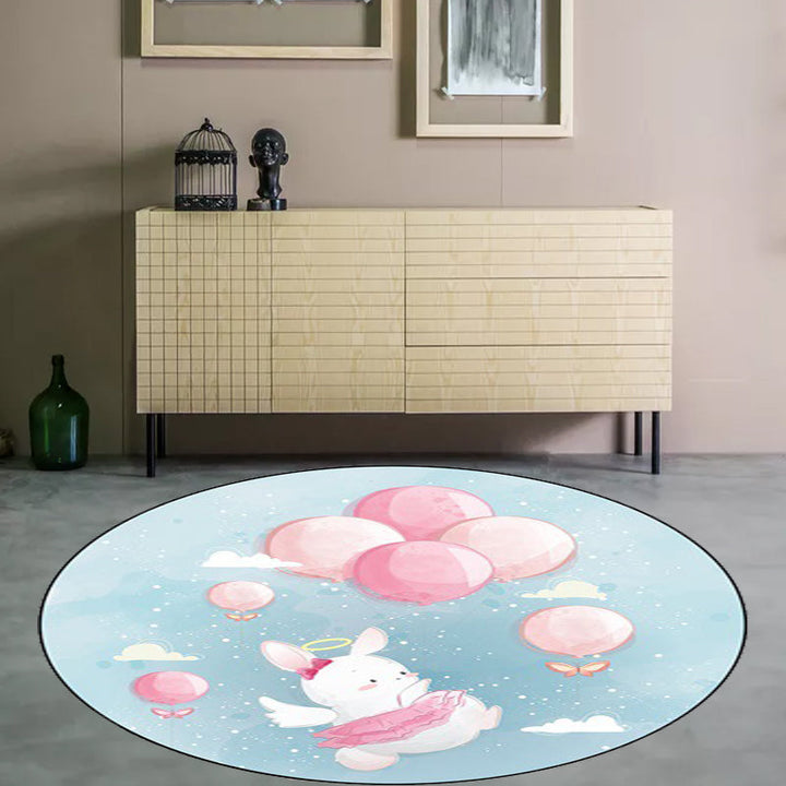 Stornfield | Stylish Ivory and Blue Children's Rug with Cow, Rabbit, Bear Animal Motif, Polyester, Washable Nursery Rug