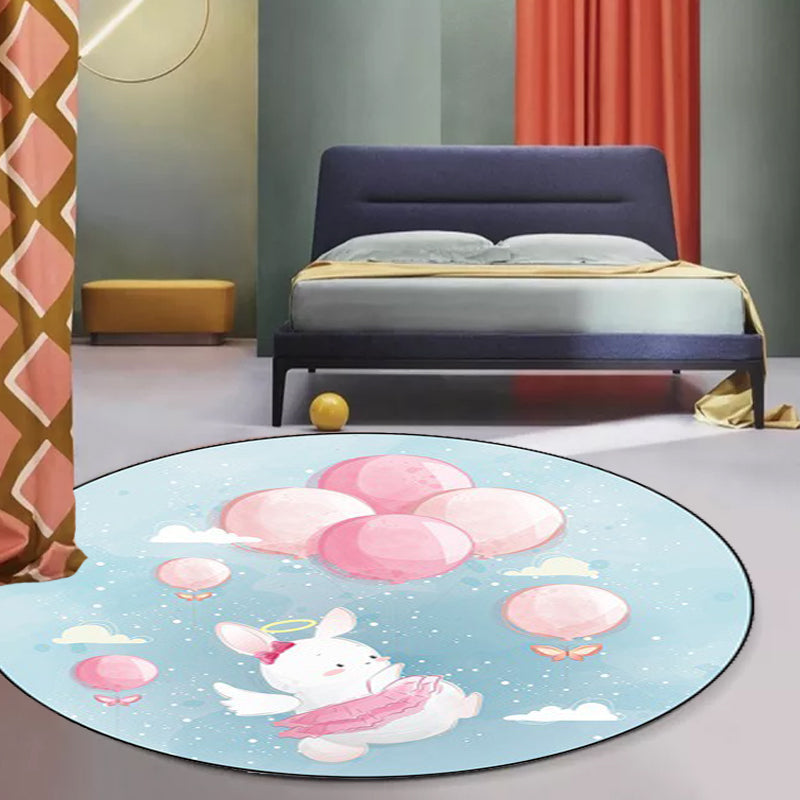 Stornfield | Stylish Ivory and Blue Children's Rug with Cow, Rabbit, Bear Animal Motif, Polyester, Washable Nursery Rug
