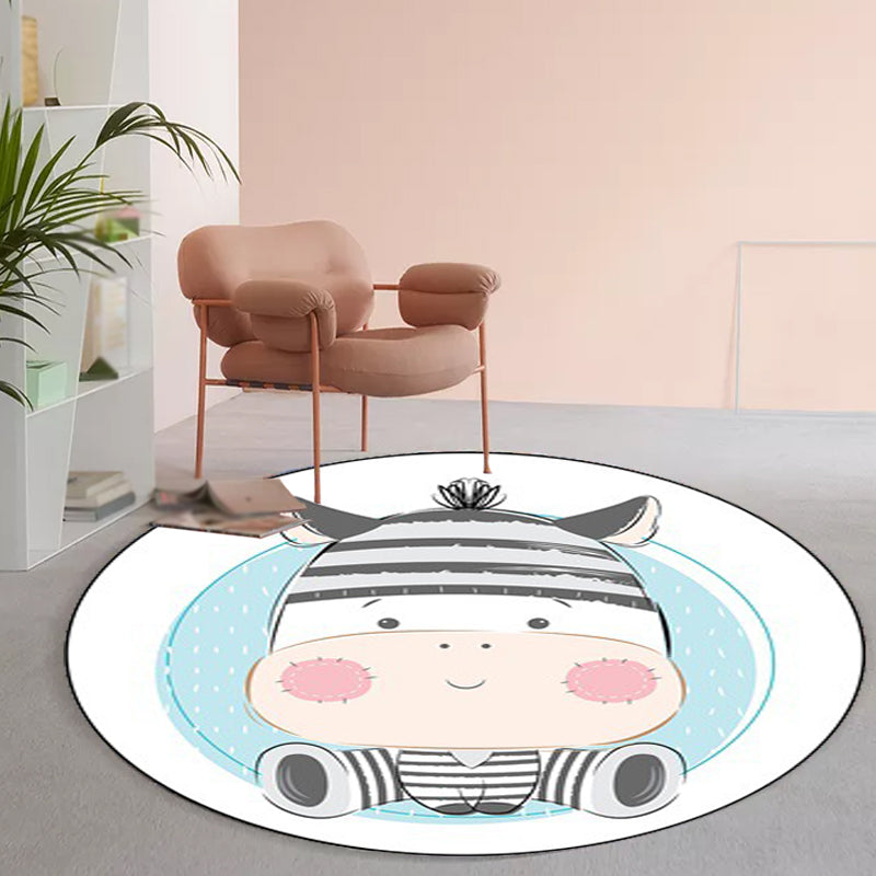 Stornfield | Stylish Ivory and Blue Children's Rug with Cow, Rabbit, Bear Animal Motif, Polyester, Washable Nursery Rug