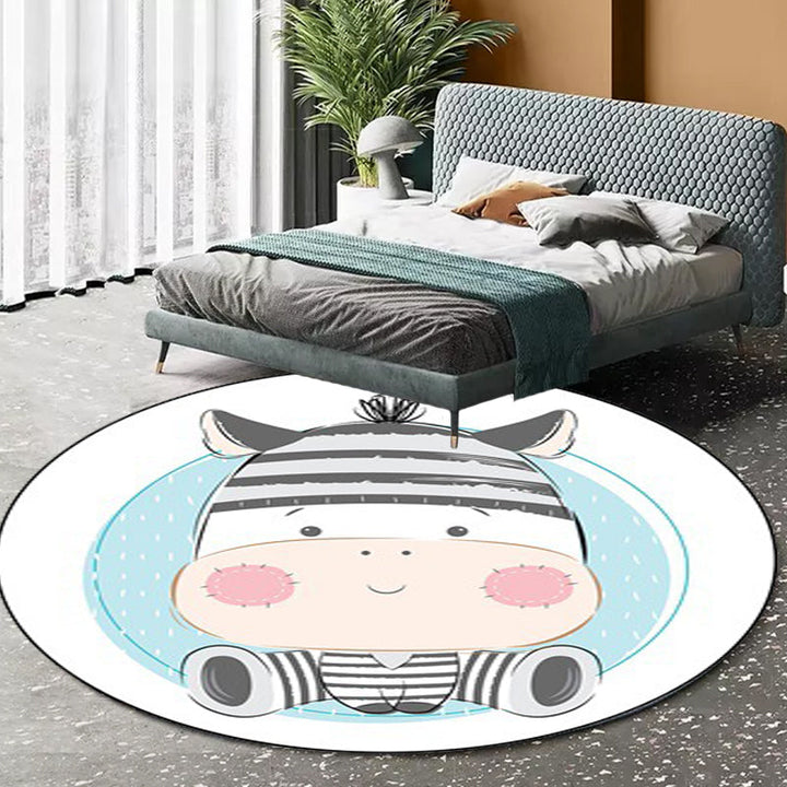 Stornfield | Stylish Ivory and Blue Children's Rug with Cow, Rabbit, Bear Animal Motif, Polyester, Washable Nursery Rug