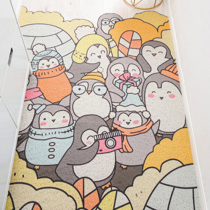 Stornfield | Irregular Kids' Bedroom Rug in Yellow and Gray with Cat Rabbit Penguin Animal Print Non-Slip Polyester Mat