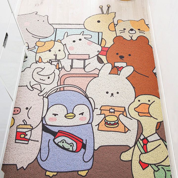 Stornfield | Irregular Kids' Bedroom Rug in Yellow and Gray with Cat Rabbit Penguin Animal Print Non-Slip Polyester Mat